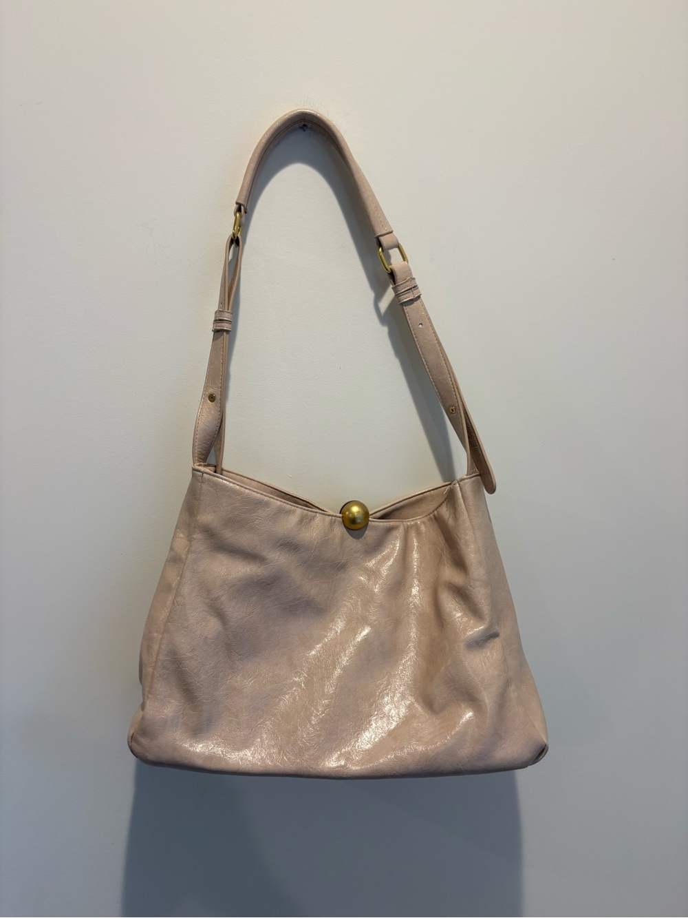 Nude Pink Leather Shoulder Bag with Gold Accent